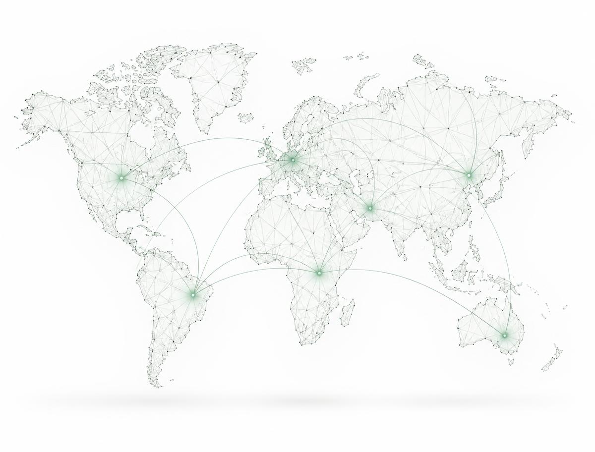 Minimal world map in fine green line work with a few glowing partnership nodes joined by arcing data pathways