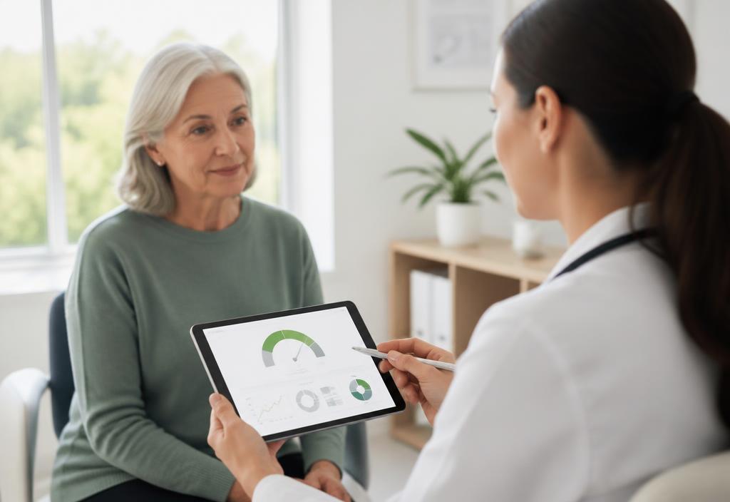 Clinician reviewing a calibrated patient risk dashboard on a tablet with a patient