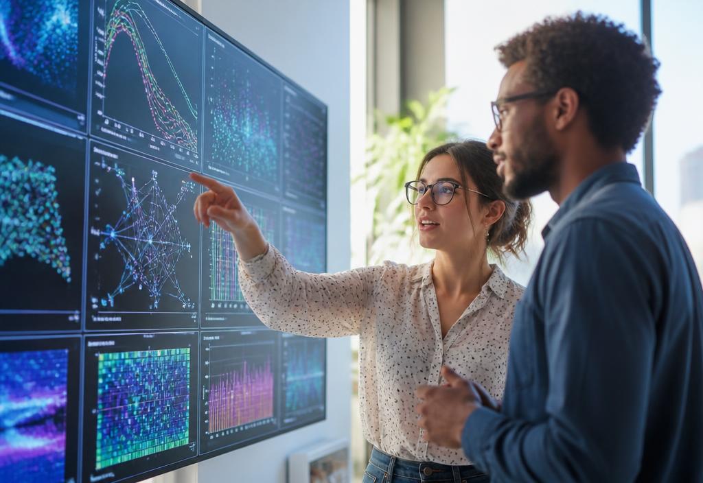 Data scientists reviewing machine-learning model dashboards on a wall of screens