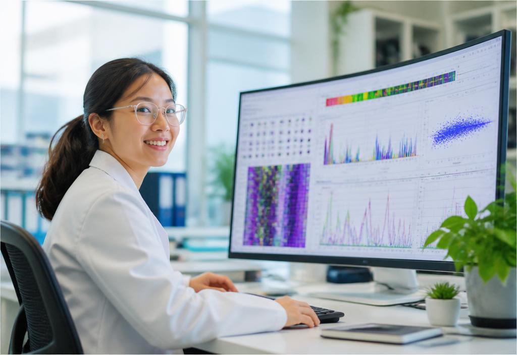 Computational biologist reviewing genomic methylation data visualizations on a large monitor