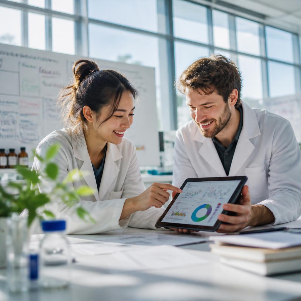 Academic researchers collaborating at a university translational research bench
