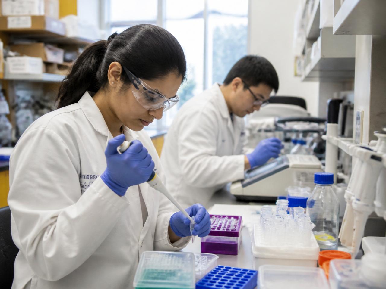 University researchers pipetting samples in a translational research lab