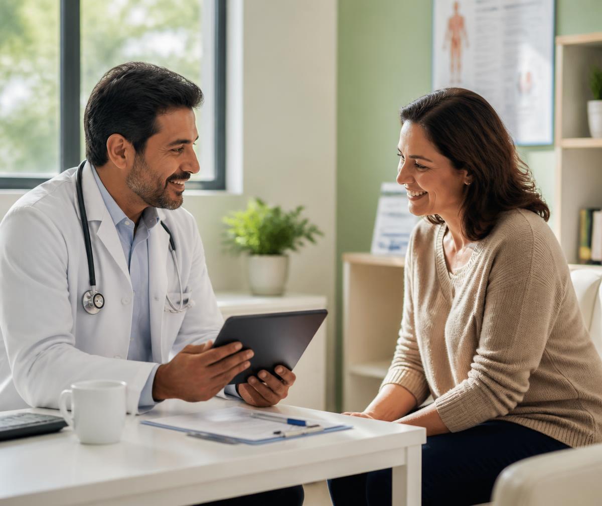 Physician reviewing metabolic screening results with an adult patient in a sunlit clinic