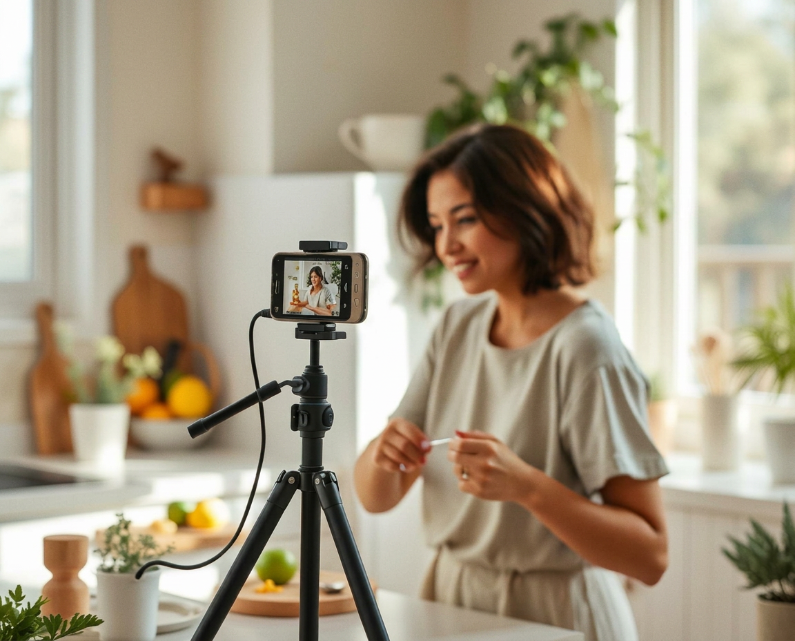 Wellness creator filming a health education video in a sunlit kitchen