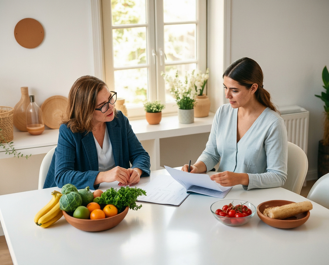 Nutritionist reviewing a plan with a client at a sunlit table