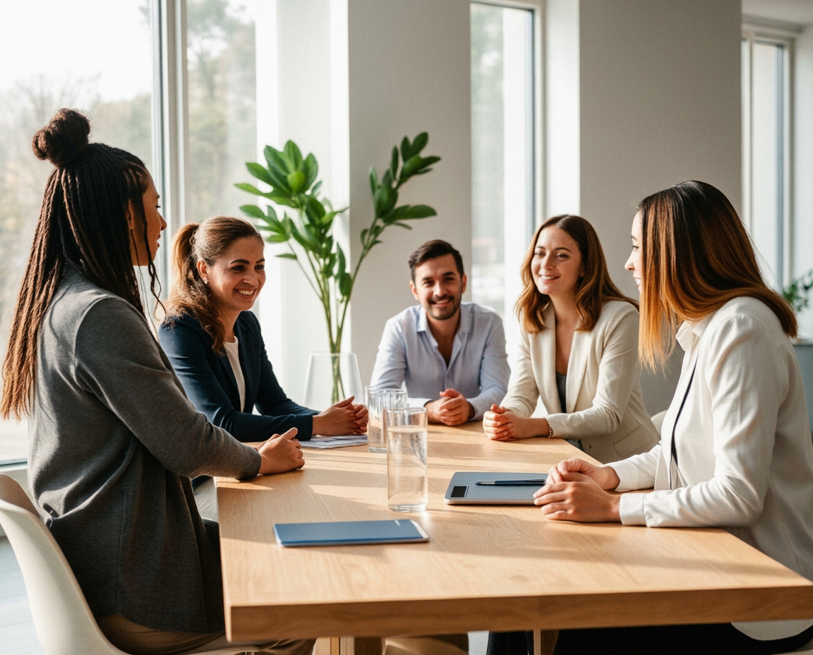 Diverse group of professionals meeting in a bright modern office