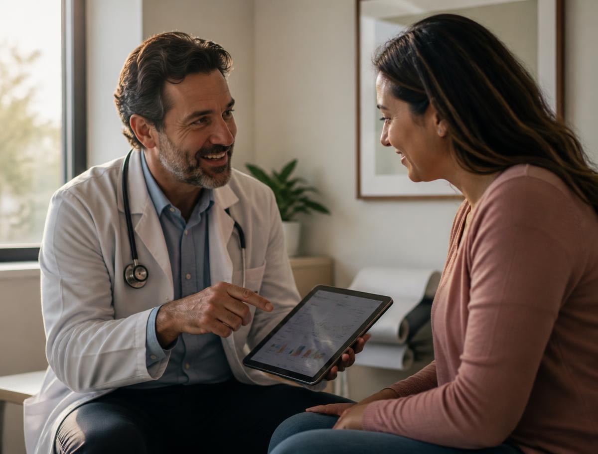 Physician speaking with a patient in a bright clinic room