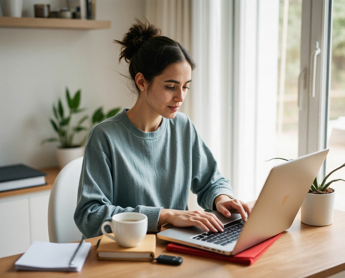 Health writer working at a laptop in a bright home office