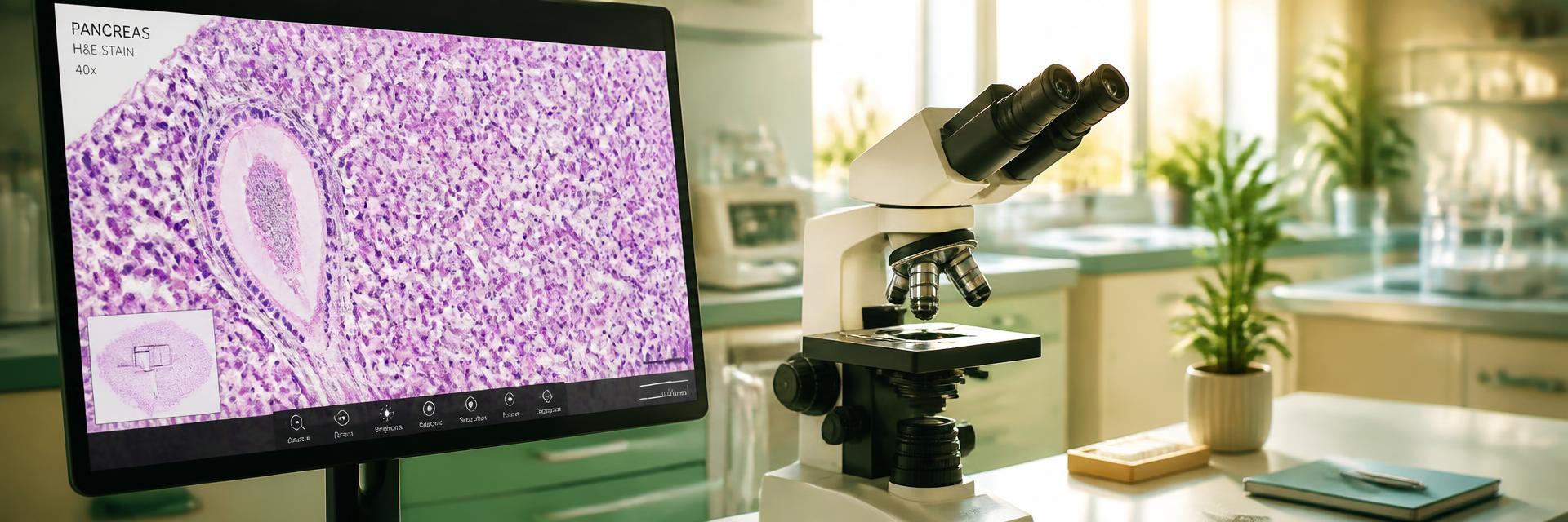 Microscope and pancreatic histology slide in a bright clinical pathology laboratory