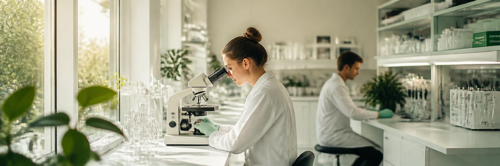 Modern clinical research laboratory with soft natural light and molecular biology equipment