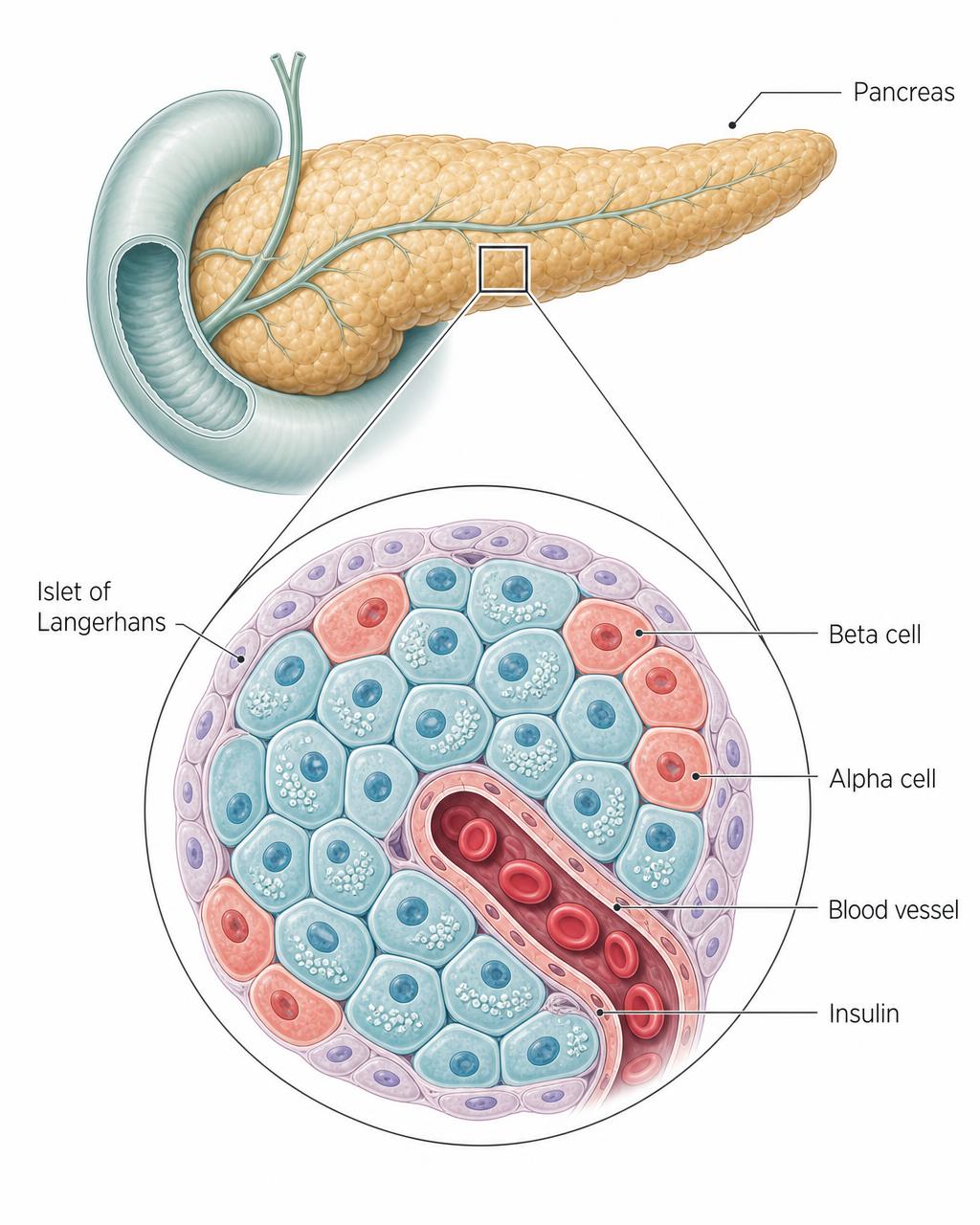 Medical illustration of the human pancreas with a magnified islet of Langerhans showing beta cells, alpha cells and a capillary
