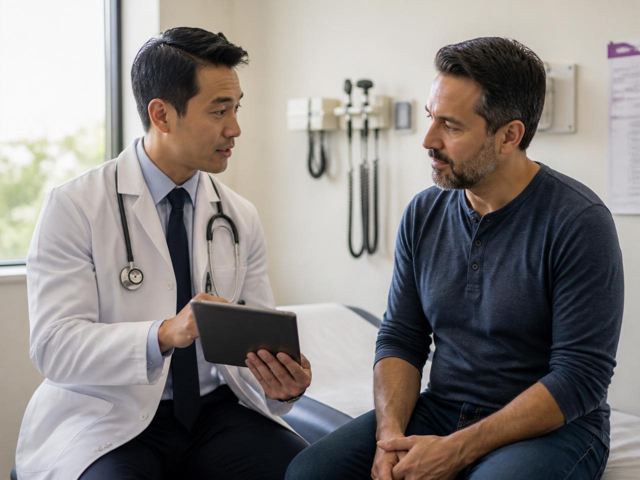 Physician reviewing results on a tablet with an adult patient in exam room