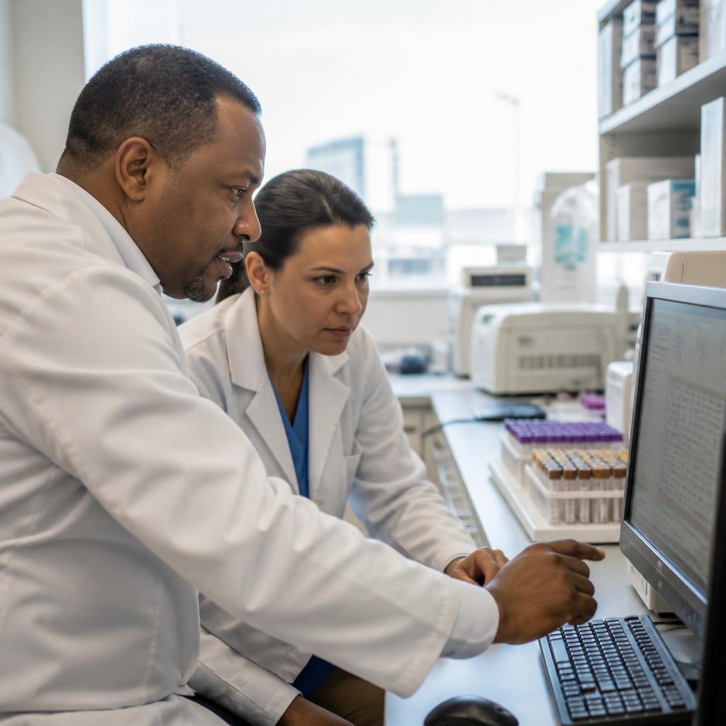 Clinical research team studying beta-cell biology and molecular biomarkers on data displays in a sunlit modern laboratory