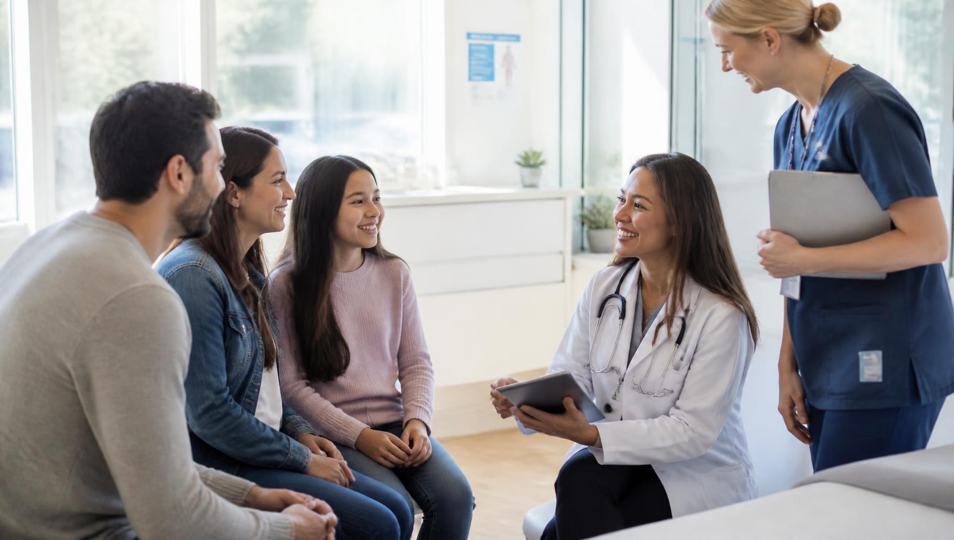 Doctors and nurses consulting with patients in a bright, modern clinical setting