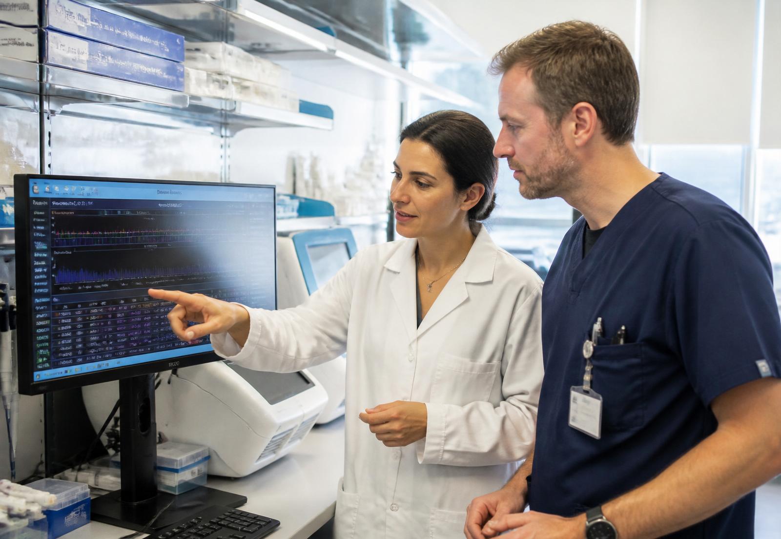 Kihealth scientist and physician reviewing genomic data in the molecular diagnostics laboratory
