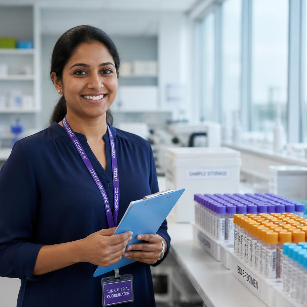 Clinical trial coordinator handling labeled biospecimen tubes in a controlled processing area
