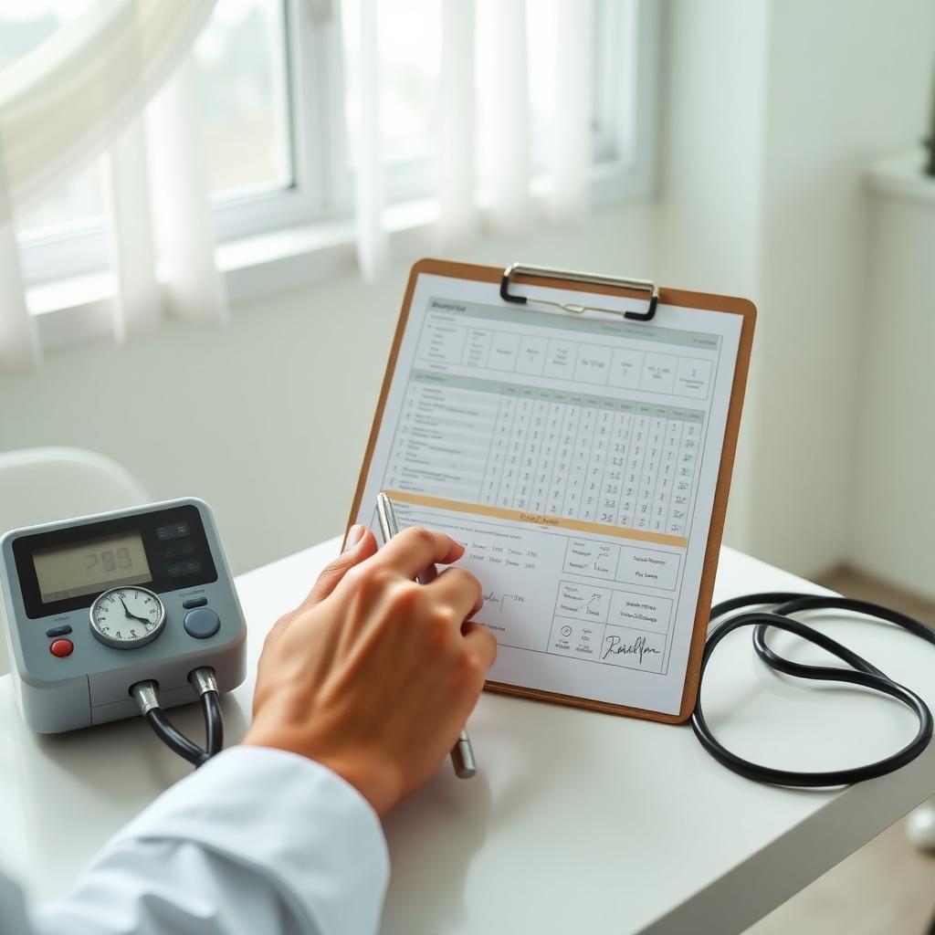 Clinician reviewing lab results and vital-sign measurements at a clinic desk