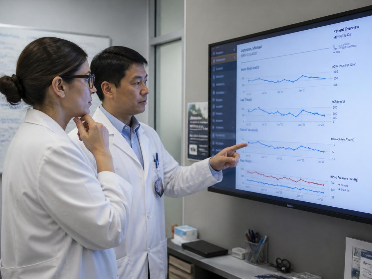 Two physicians reviewing longitudinal patient biomarker trends on a monitor