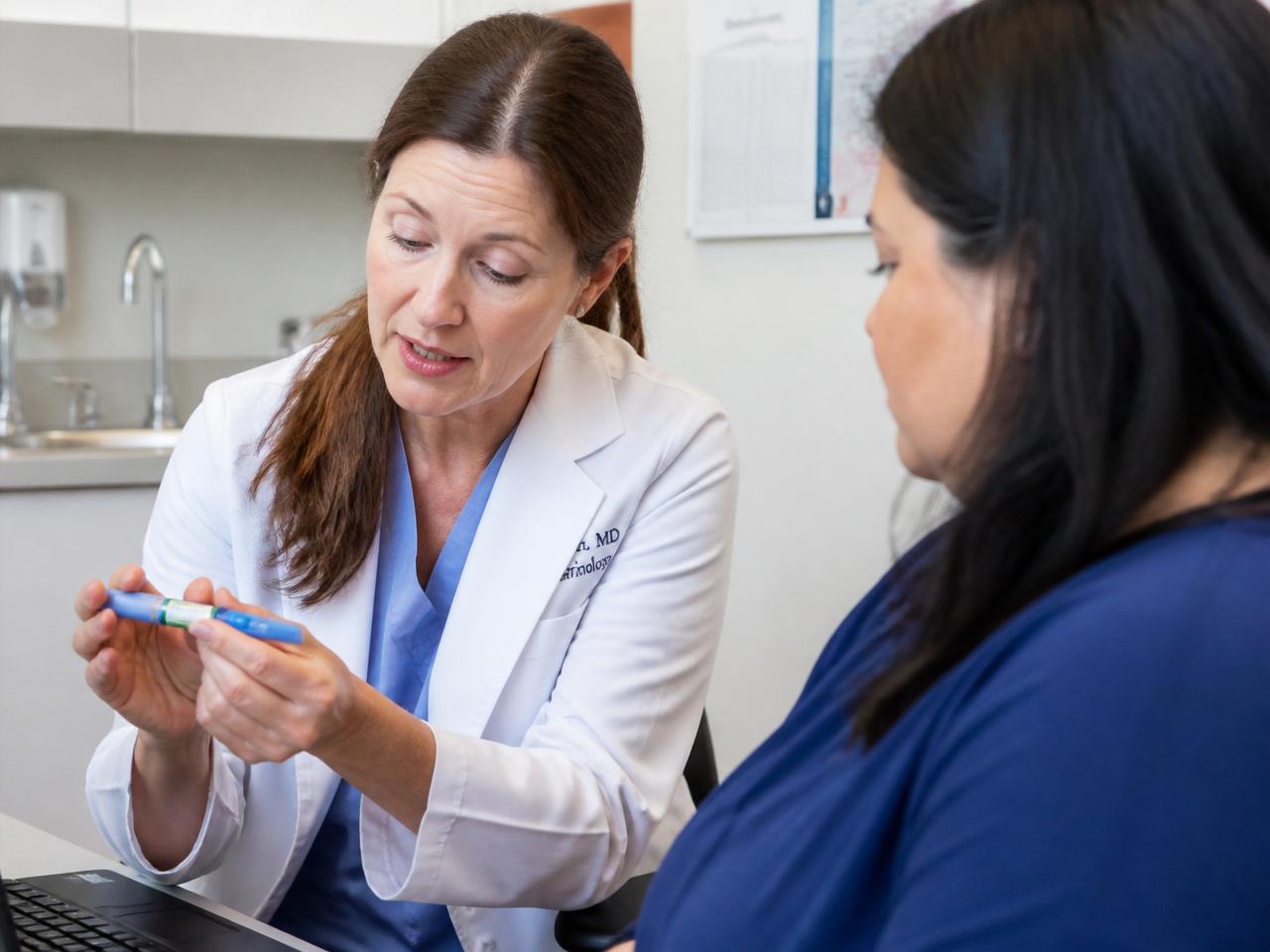 Endocrinologist demonstrating a GLP-1 injection pen to a patient