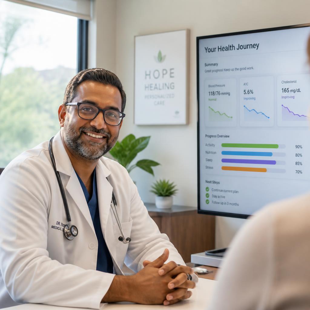Physician reviewing patient data on a monitor in a specialty clinic consulting room