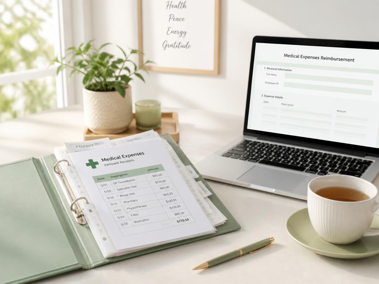An organized binder of itemized medical receipts beside a laptop showing a reimbursement form
