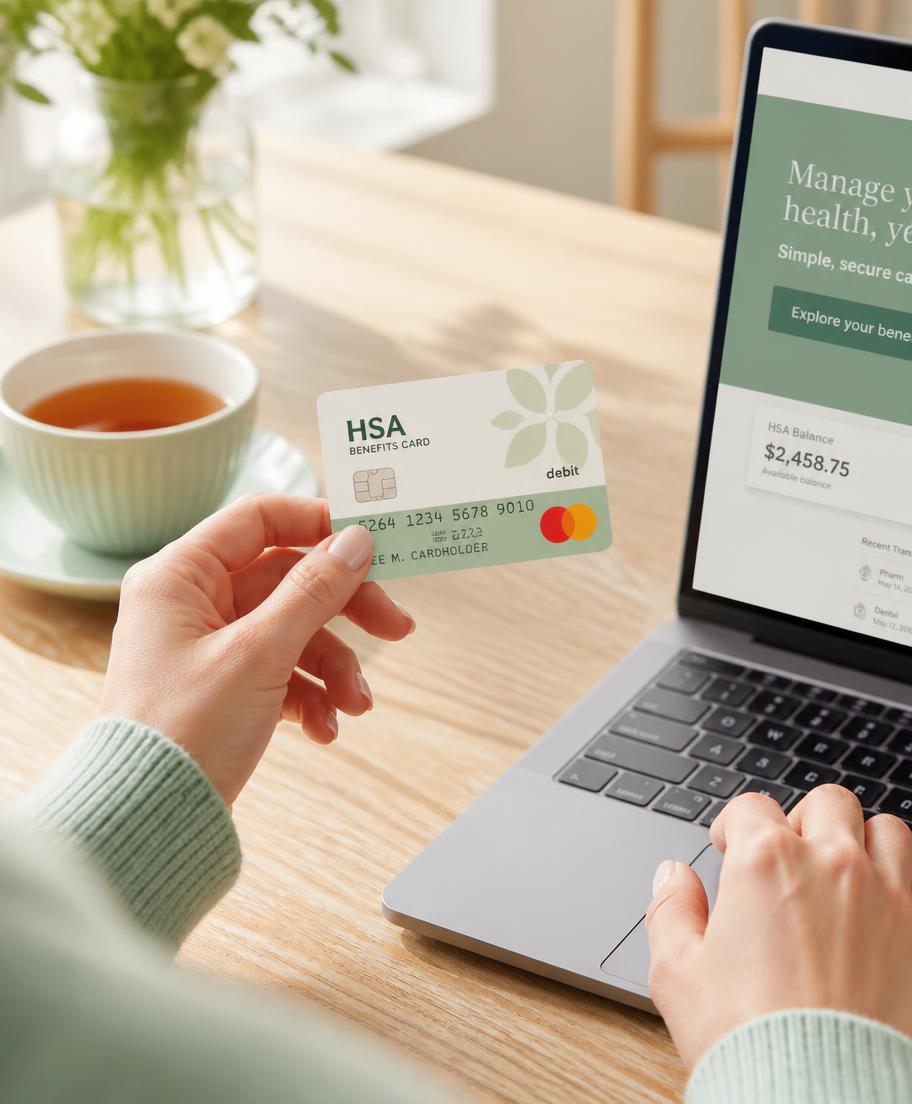 A person holding an HSA benefits card beside a laptop at a sunlit kitchen table