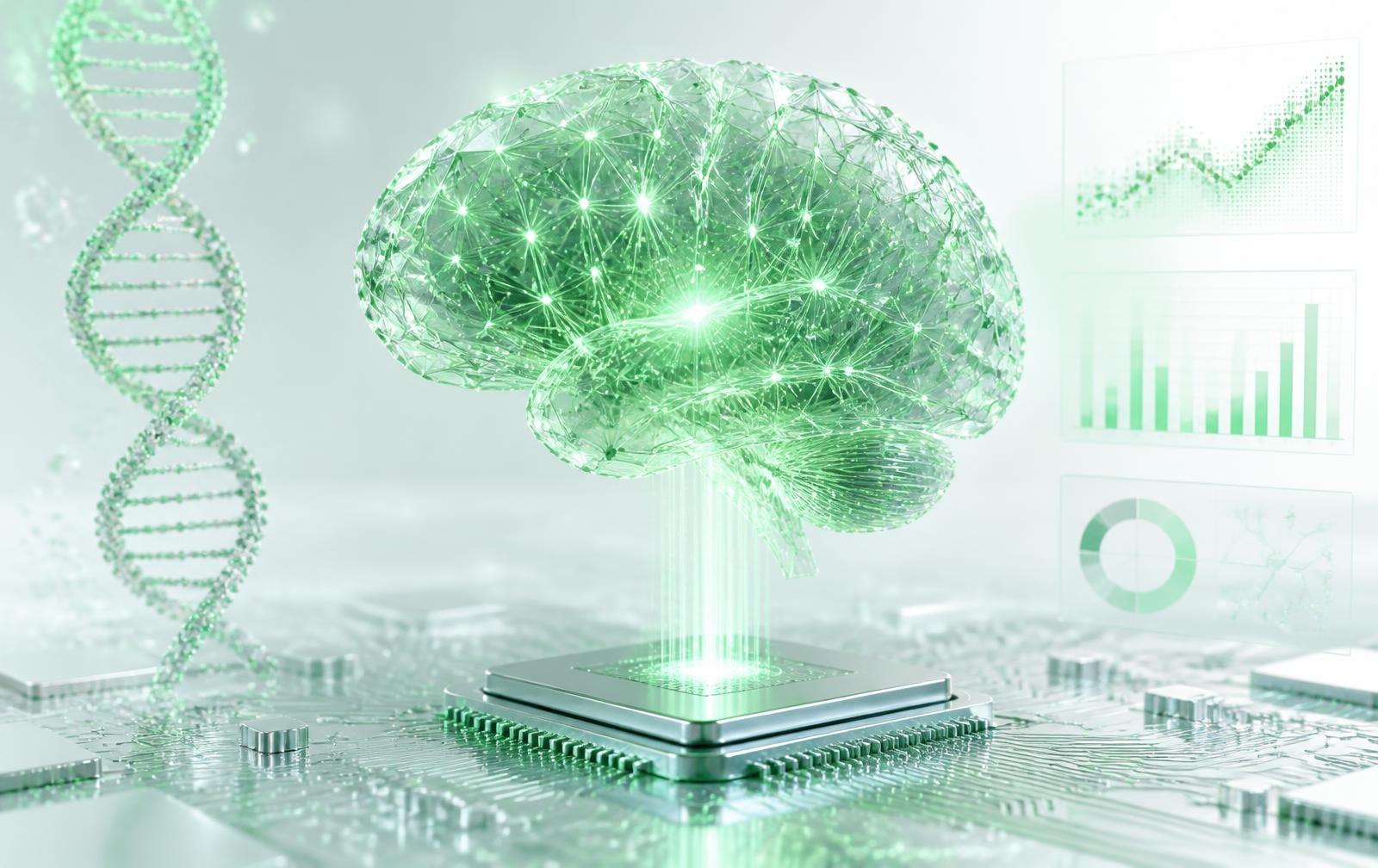 Network-node brain model rendered above a processor chip beside a DNA helix and analytical charts, representing computational molecular intelligence