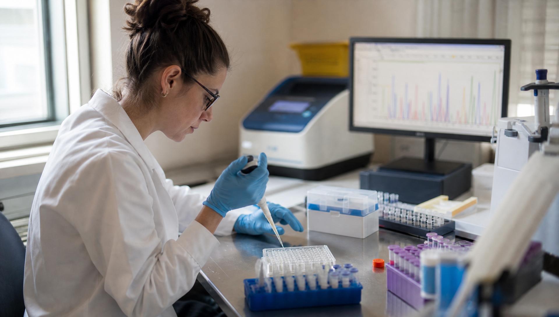 Molecular diagnostics laboratory with multi-well assay plates and analytical instruments