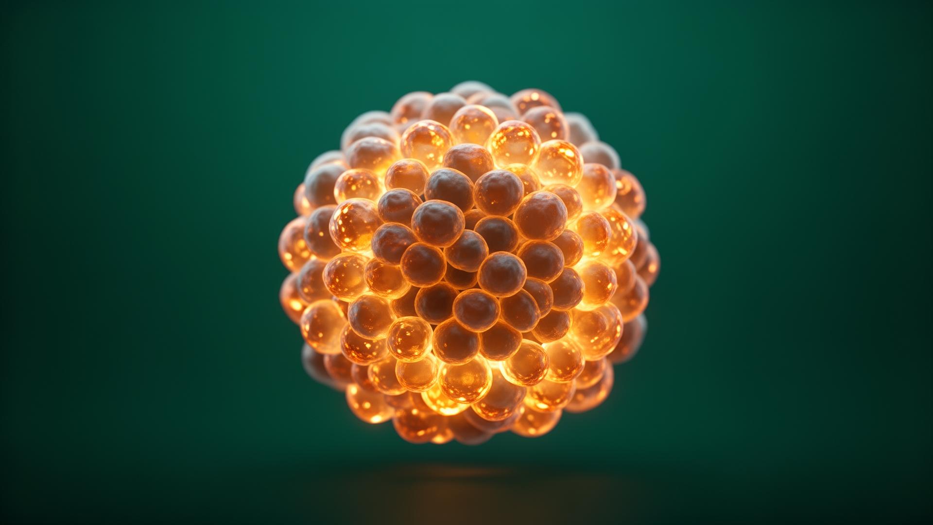 3D rendering of a pancreatic islet of Langerhans, beta cells glowing amber