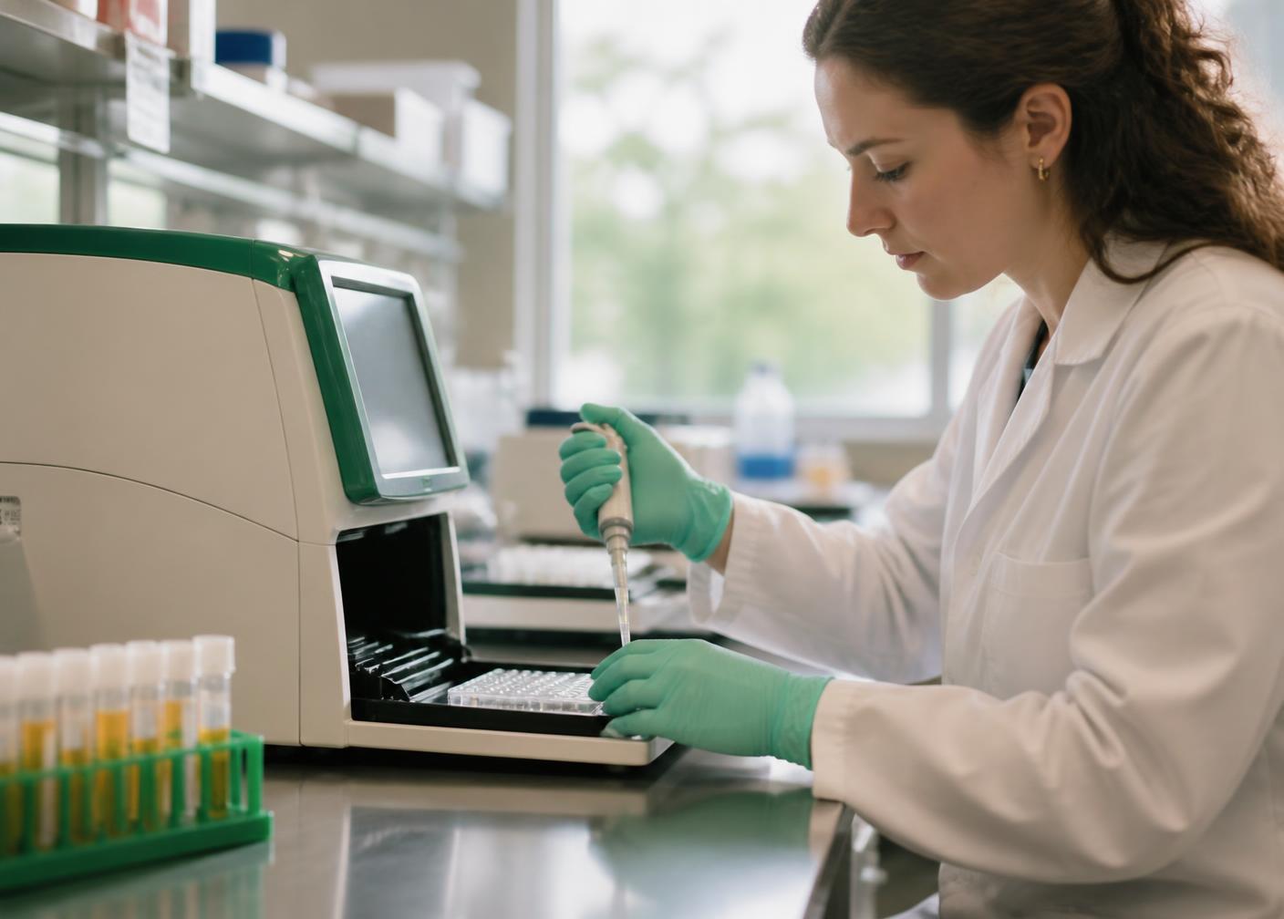 Laboratory scientist loading a droplet digital PCR plate while processing plasma specimens