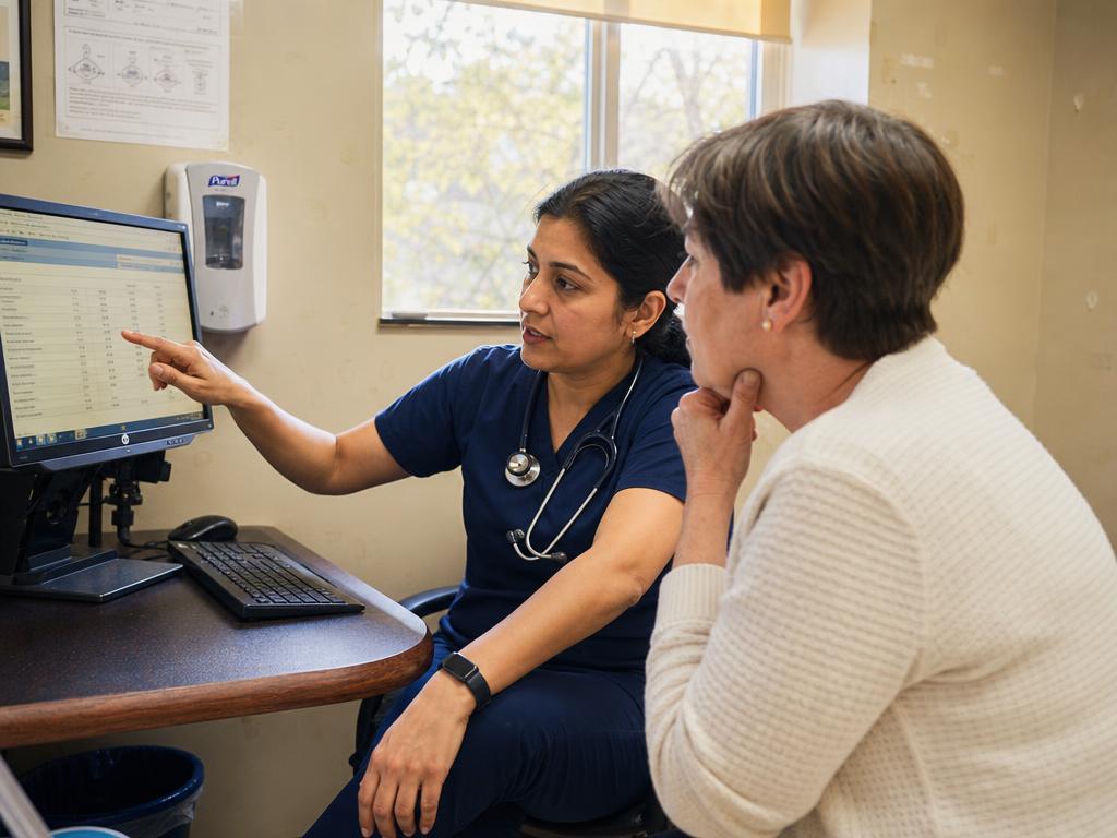 Physician reviewing diagnostic results on a tablet with a patient in a sunlit clinic
