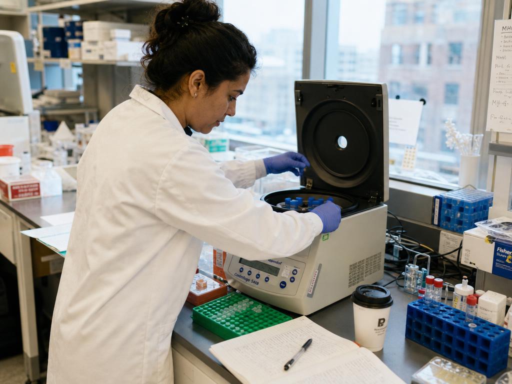 Scientist loading sample vials into an automated liquid-handling system in a pharmaceutical lab