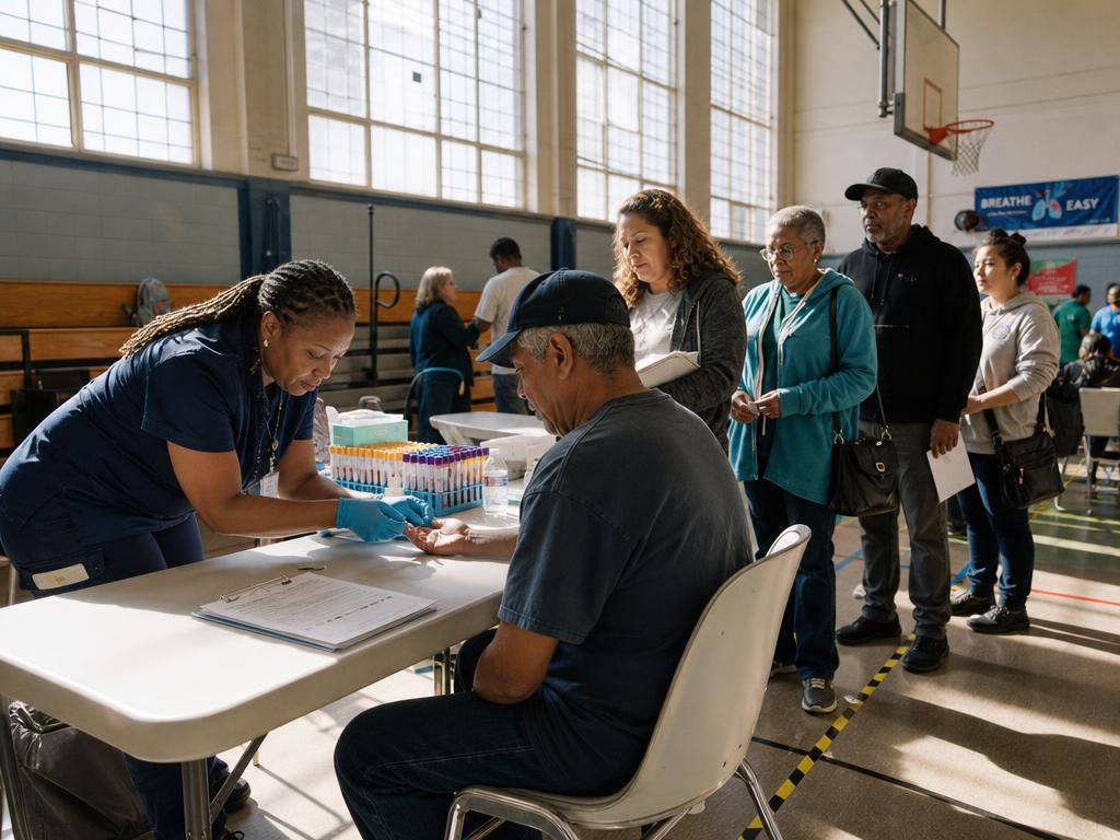 Nurse performing a routine blood draw at a community health screening event