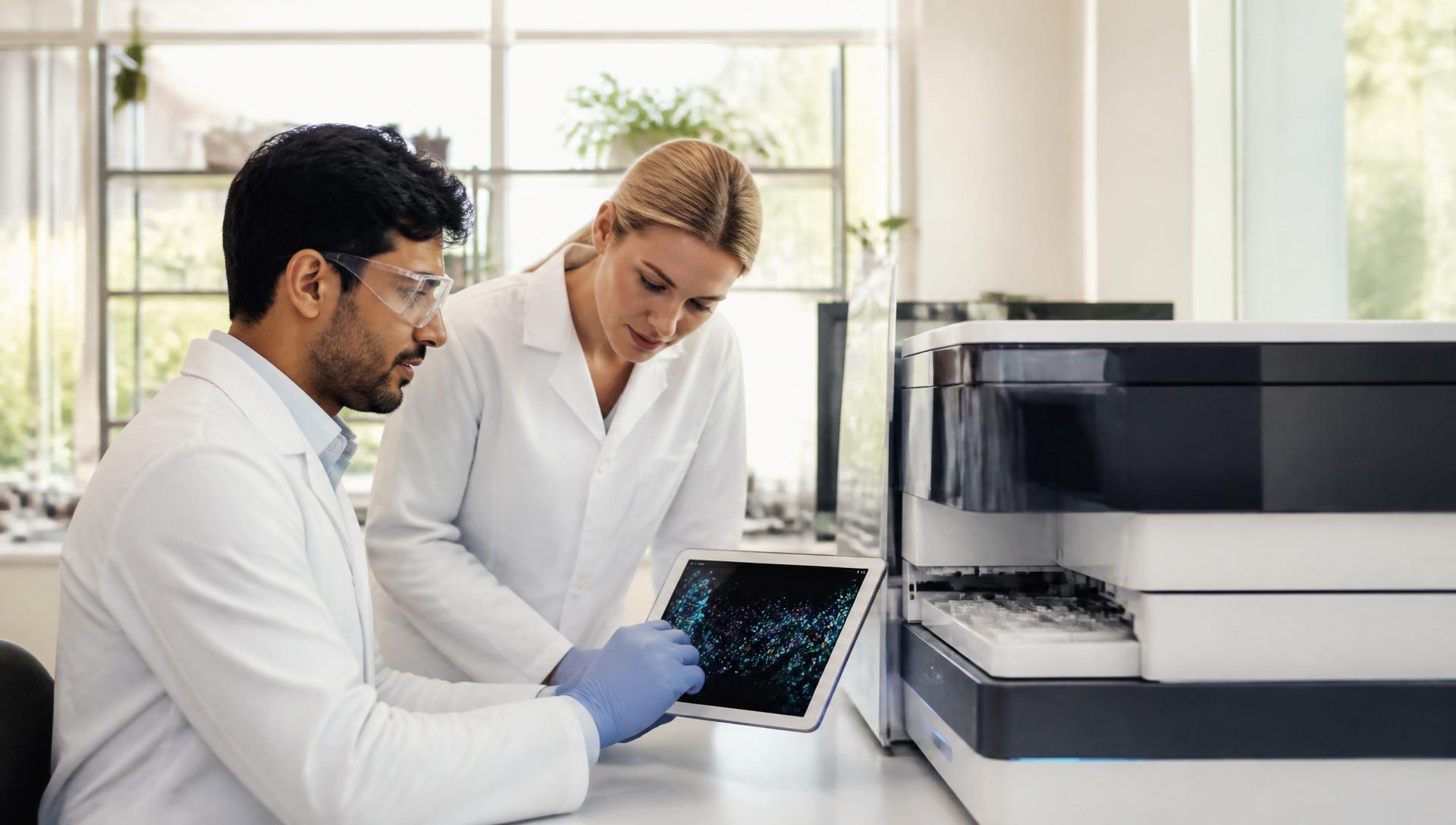 Scientists reviewing molecular data in a bright modern laboratory