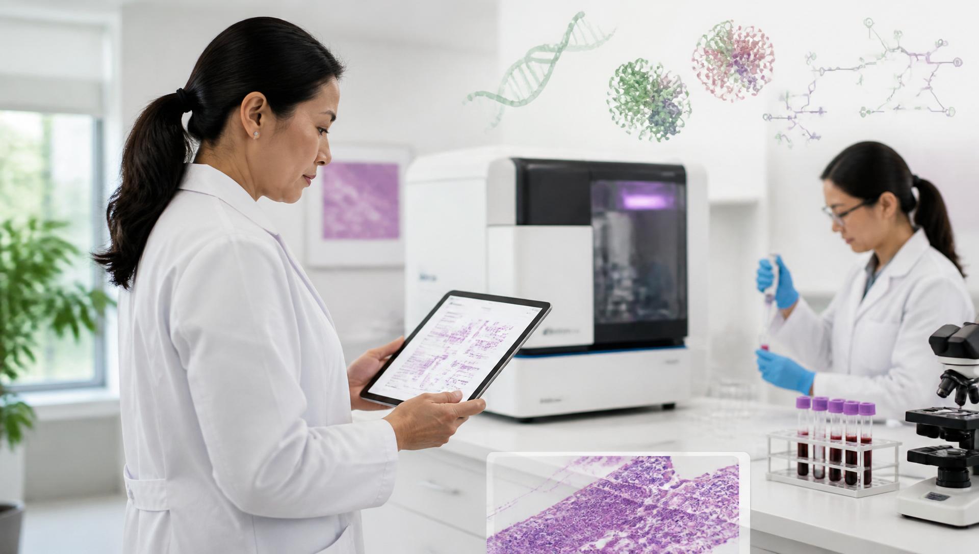 Physician reviewing molecular diagnostic report with a research scientist in a bright modern laboratory