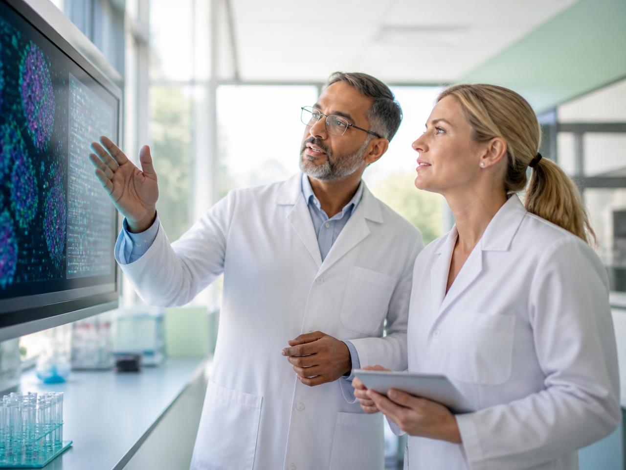 Physician and research scientist reviewing Intercept IQ molecular diagnostic results on a large display in a sunlit clinical laboratory