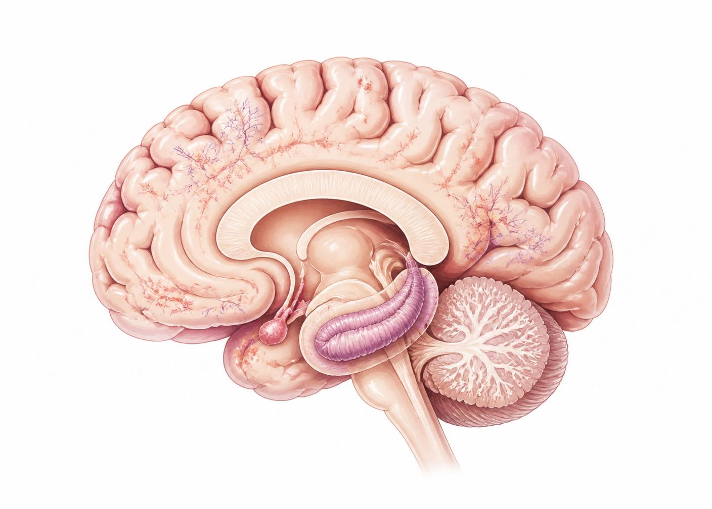 Anatomical brain illustration highlighting regions affected by amyloid and tau pathology