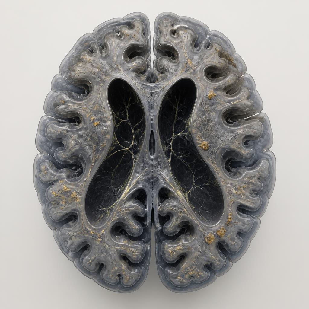 Scientific illustration of a human brain showing early progressive neurodegenerative change