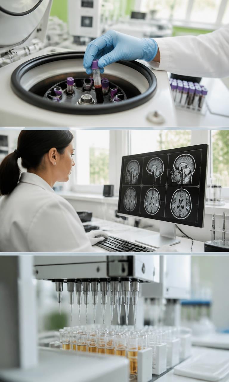Clinical laboratory workflow: plasma centrifugation, neuroimaging review, and automated sample processing