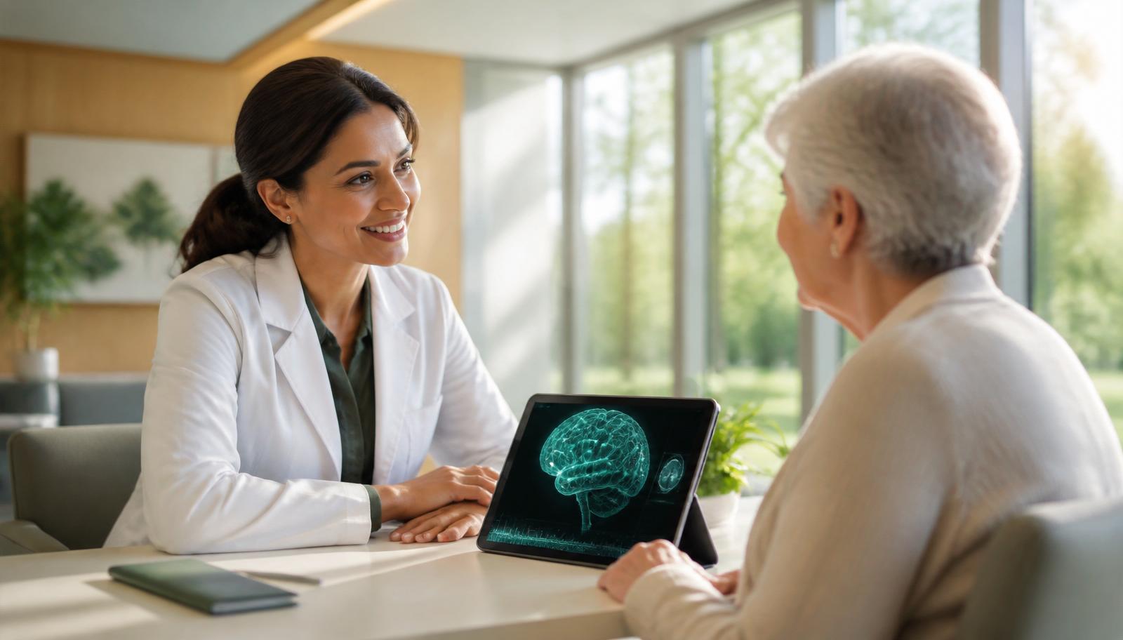 Neurologist consulting with an older patient in a bright modern clinic