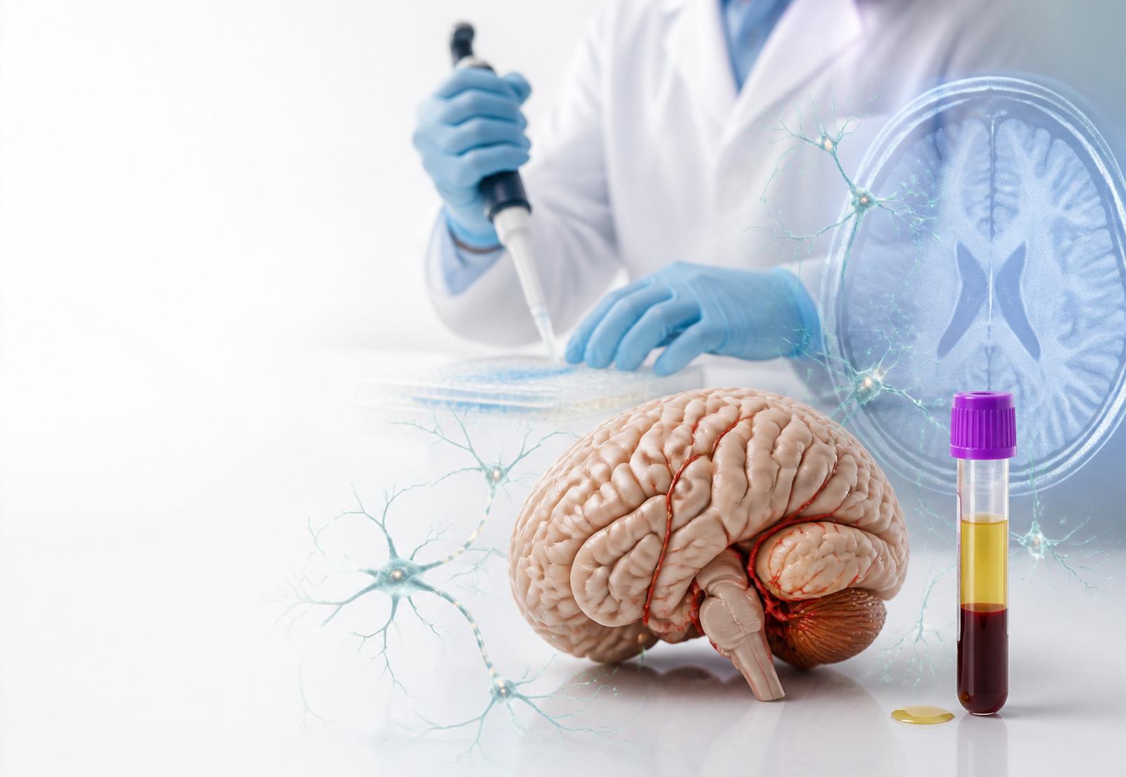 Human brain, neurons, blood collection tube, and MRI overlay in a molecular laboratory