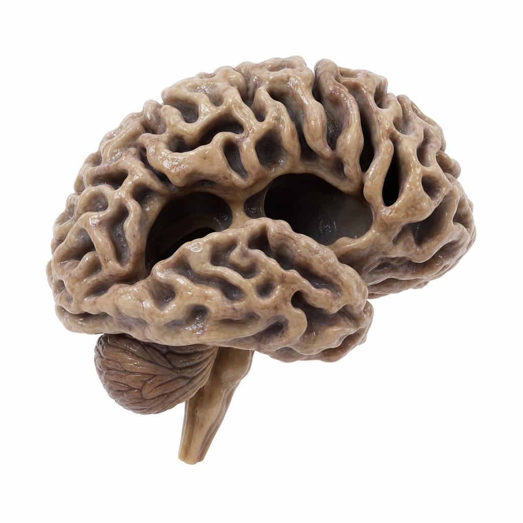 Collapsed neural tissue dense with plaque and tangle debris