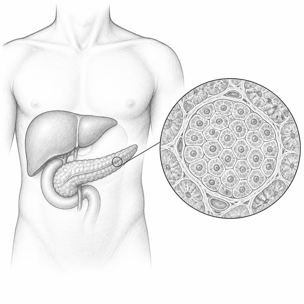Anatomical illustration of the pancreas with a magnified view of a pancreatic islet and its beta cells