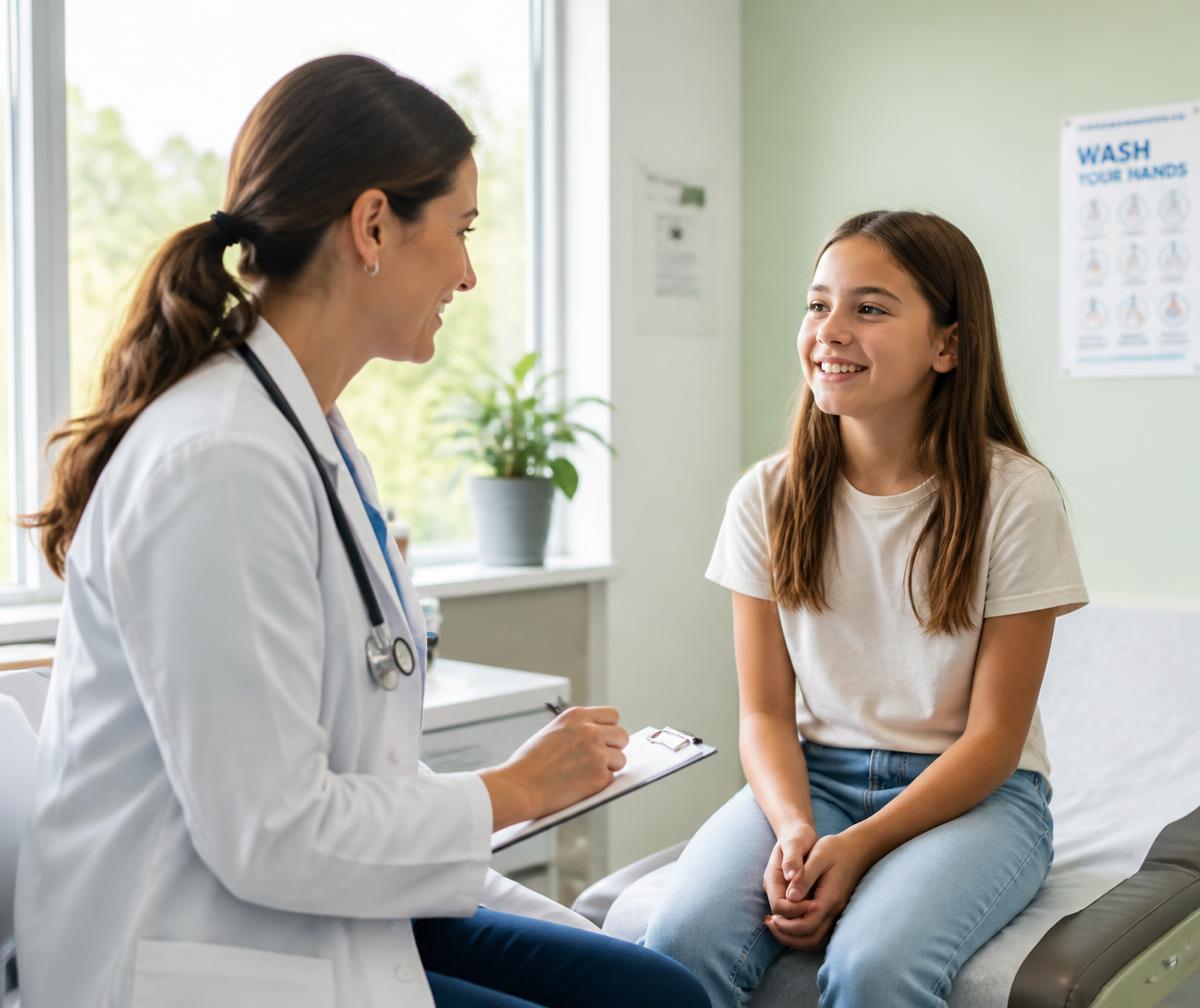 Pediatric clinician reviewing screening results with an adolescent patient in a sunlit exam room