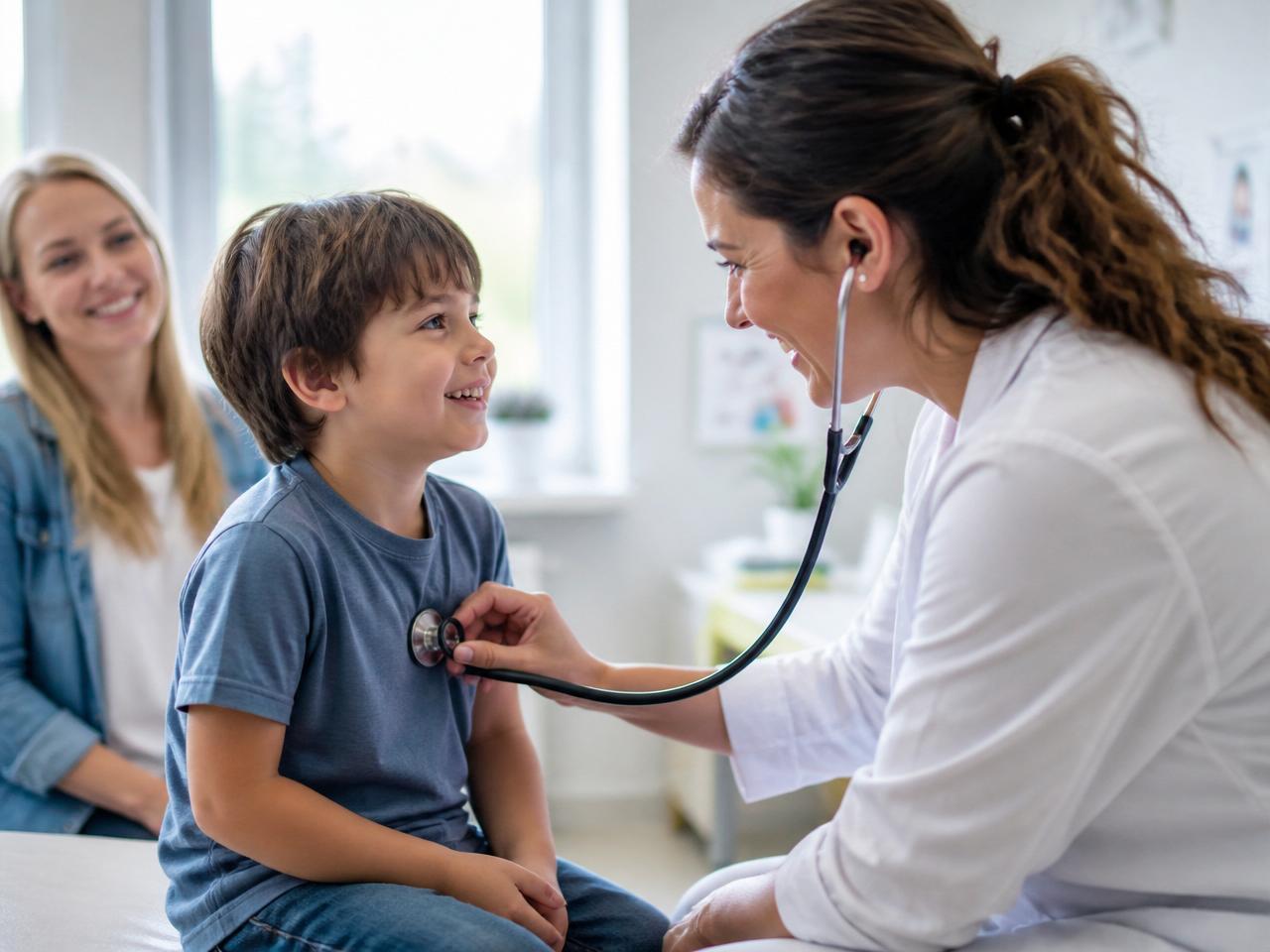 Pediatrician examining a young child with parent in a bright clinical exam room