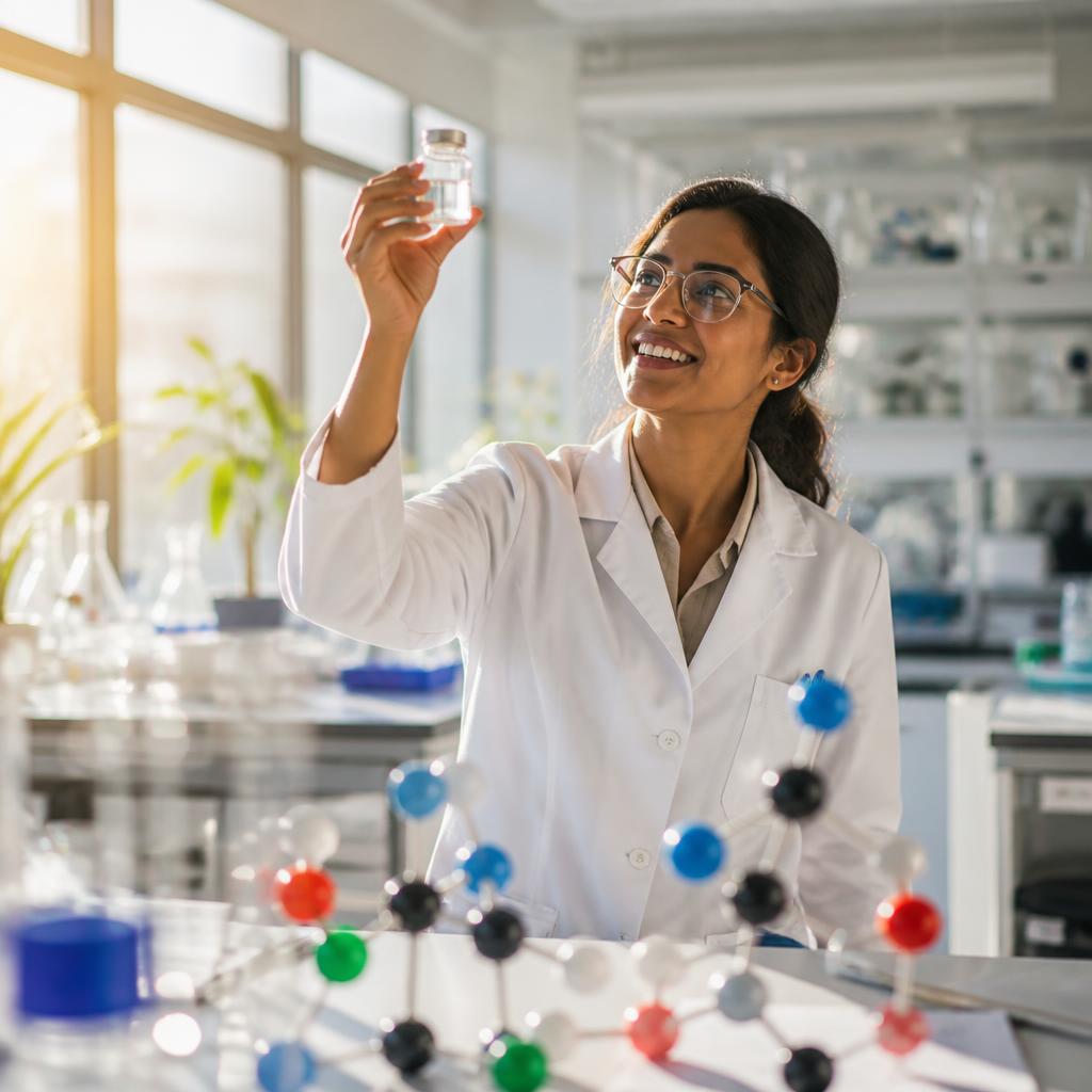 Pharmaceutical research scientist reviewing drug development samples in a biotech laboratory