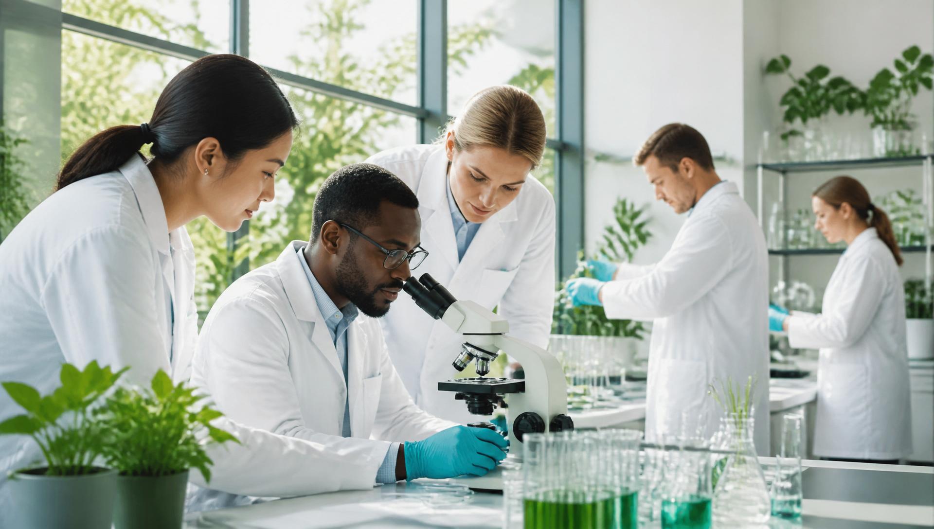Researchers collaborating in a modern biotech laboratory
