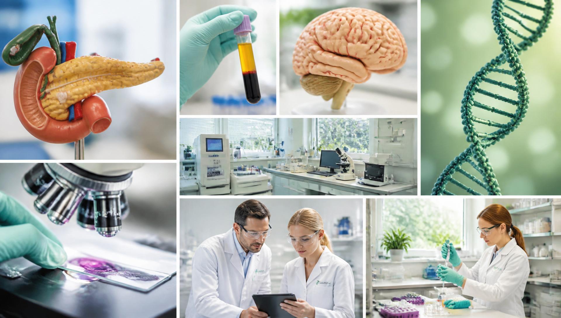 Clinical laboratory montage — pancreas, blood tube, brain, DNA, microscope, researchers