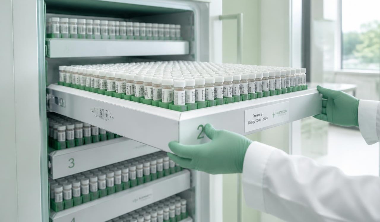 Researcher retrieving barcoded specimen vials from a biorepository freezer
