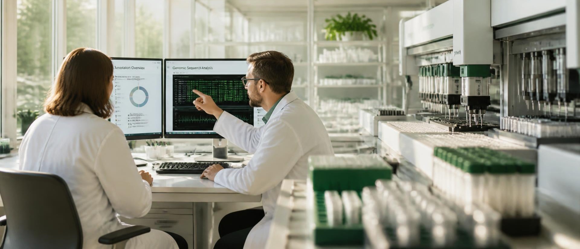 Researchers reviewing genomic sequencing data in a sunlit laboratory
